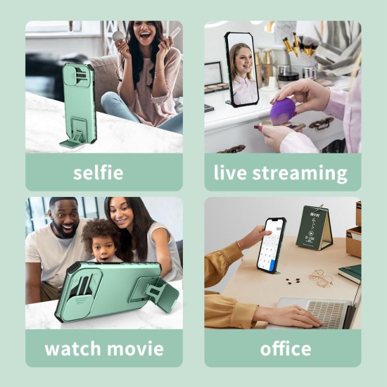 For Samsung Galaxy S24+ 5G Stereoscopic Holder Sliding Camshield Phone Case(Light Green)