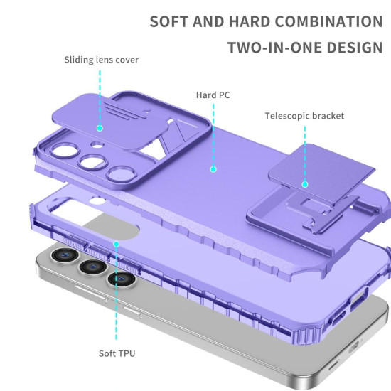 For Samsung Galaxy S24+ 5G Stereoscopic Holder Sliding Camshield Phone Case(Purple)