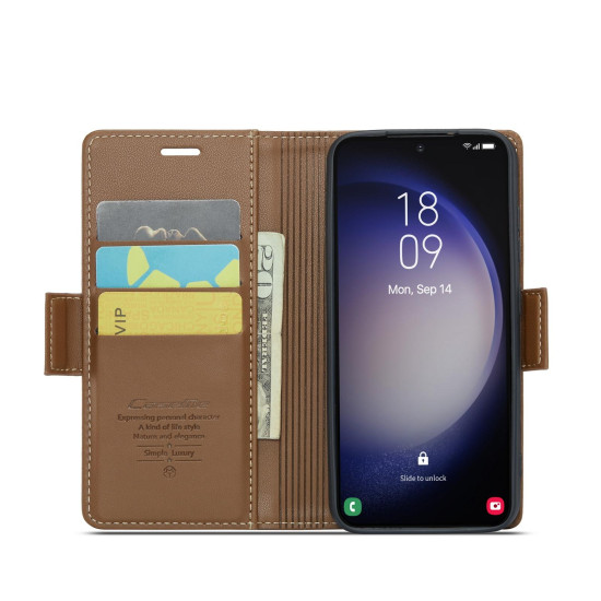 For Samsung Galaxy S24+ CaseMe 023 Butterfly Buckle Litchi Texture RFID Anti-theft Leather Phone Case(Brown)