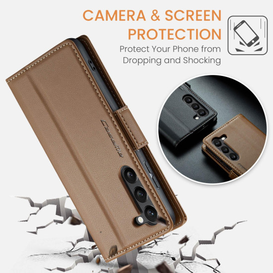 For Samsung Galaxy S24+ CaseMe 023 Butterfly Buckle Litchi Texture RFID Anti-theft Leather Phone Case(Brown)