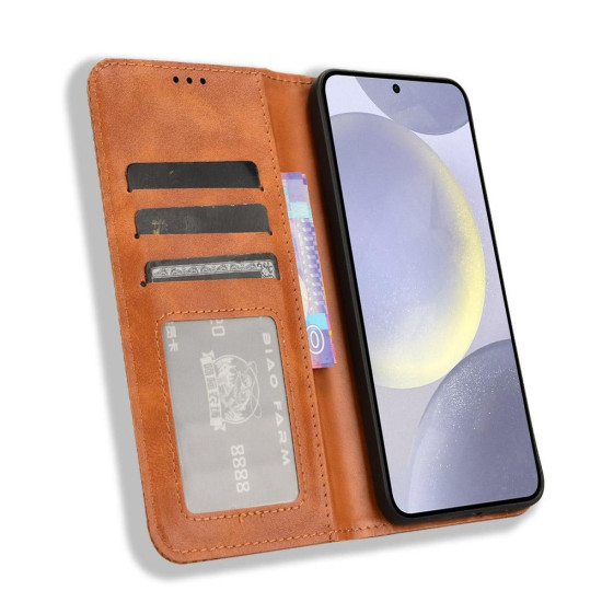 For Samsung Galaxy S24+ 5G Magnetic Buckle Retro Texture Leather Phone Case(Brown)