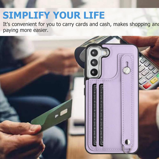 For Samsung Galaxy S23+ Shockproof Leather Phone Case with Wrist Strap(Purple)