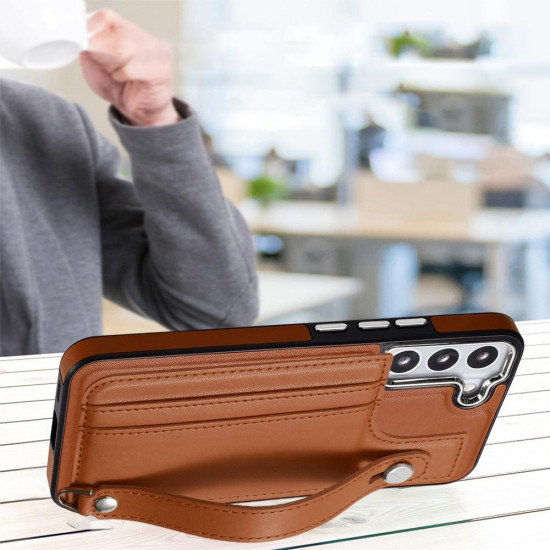 For Samsung Galaxy S23+ Shockproof Leather Phone Case with Wrist Strap(Brown)