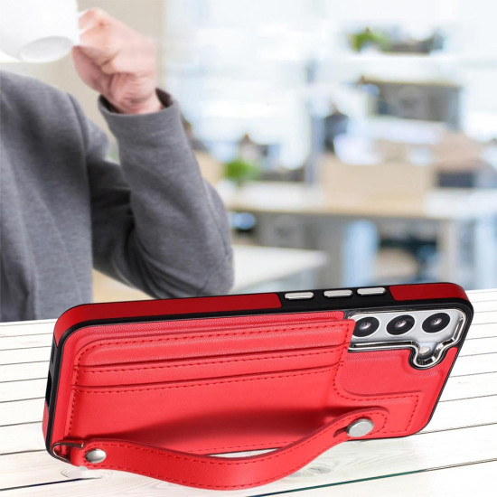 For Samsung Galaxy S23+ Shockproof Leather Phone Case with Wrist Strap(Red)