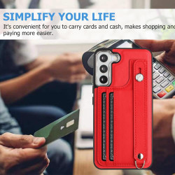 For Samsung Galaxy S23 Shockproof Leather Phone Case with Wrist Strap(Red)