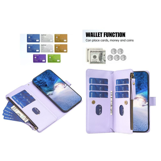 For Samsung Galaxy S24+ 5G 9 Card Slots Zipper Wallet Leather Flip Phone Case(Light Purple)