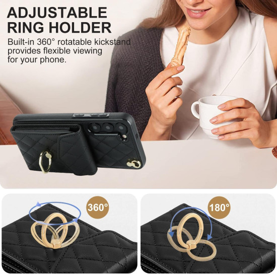 For Samsung Galaxy S24+ 5G Rhombic Texture Card Bag Phone Case with Long Lanyard(Black)