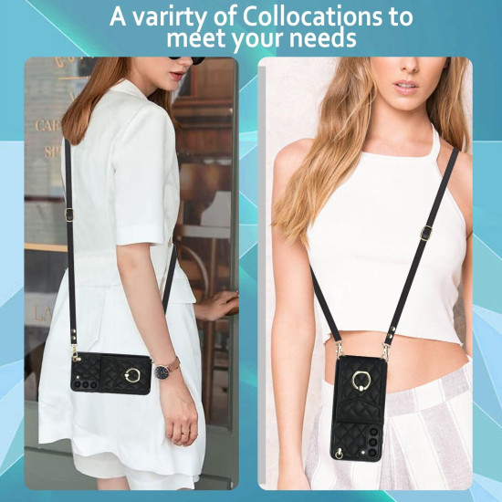 For Samsung Galaxy S24+ 5G Rhombic Texture Card Bag Phone Case with Long Lanyard(Black)