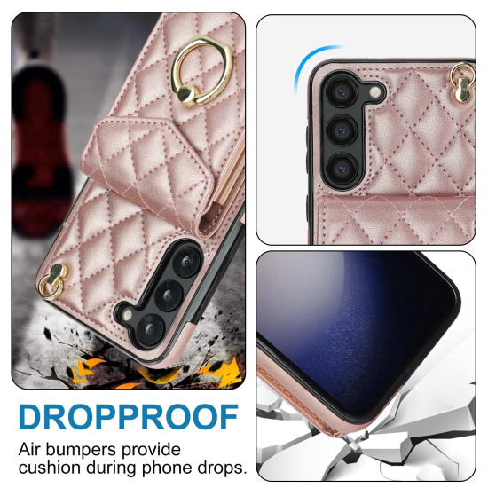 For Samsung Galaxy S24+ 5G Rhombic Texture Card Bag Phone Case with Long Lanyard(Rose Gold)