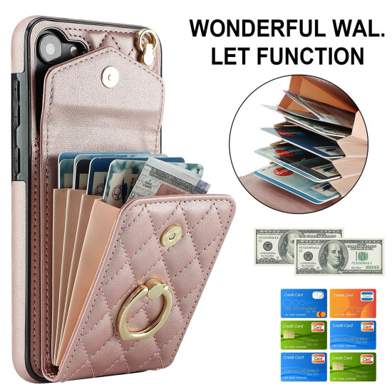 For Samsung Galaxy S24+ 5G Rhombic Texture Card Bag Phone Case with Long Lanyard(Rose Gold)