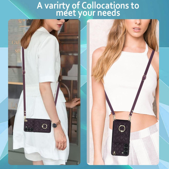 For Samsung Galaxy S24+ 5G Rhombic Texture Card Bag Phone Case with Long Lanyard(Wine Red)