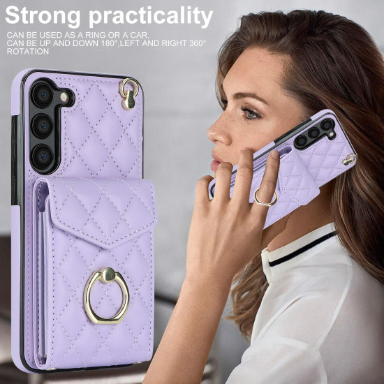 For Samsung Galaxy S24+ 5G Rhombic Texture Card Bag Phone Case with Long Lanyard(Light Purple)