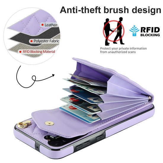 For Samsung Galaxy S24+ 5G Rhombic Texture Card Bag Phone Case with Long Lanyard(Light Purple)