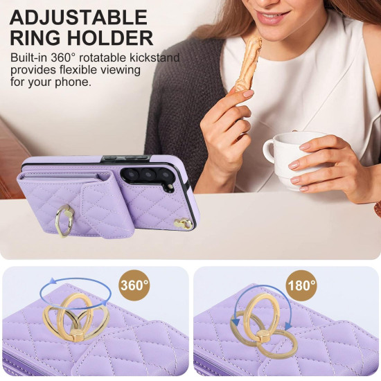 For Samsung Galaxy S24+ 5G Rhombic Texture Card Bag Phone Case with Long Lanyard(Light Purple)