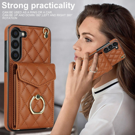 For Samsung Galaxy S24+ 5G Rhombic Texture Card Bag Phone Case with Long Lanyard(Brown)