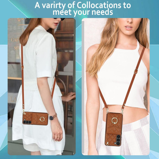 For Samsung Galaxy S24+ 5G Rhombic Texture Card Bag Phone Case with Long Lanyard(Brown)