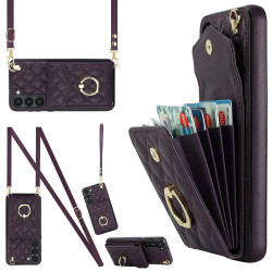 For Samsung Galaxy S24+ 5G Rhombic Texture Card Bag Phone Case with Long Lanyard(Dark Purple)
