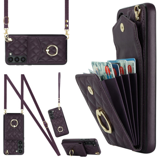 For Samsung Galaxy S24+ 5G Rhombic Texture Card Bag Phone Case with Long Lanyard(Dark Purple)