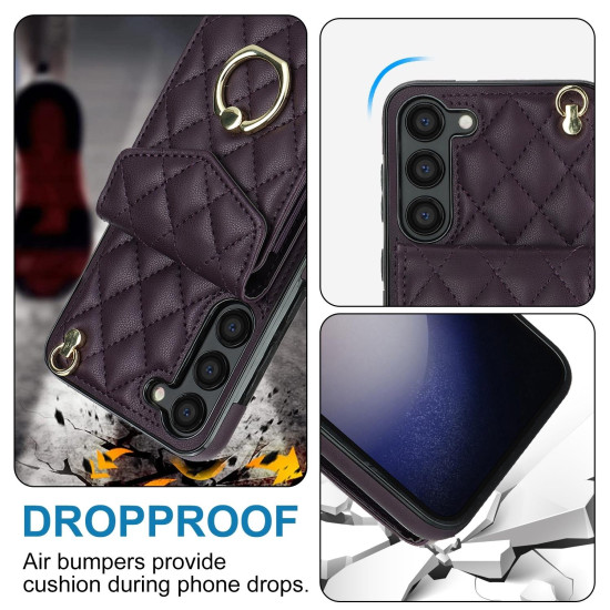 For Samsung Galaxy S24+ 5G Rhombic Texture Card Bag Phone Case with Long Lanyard(Dark Purple)