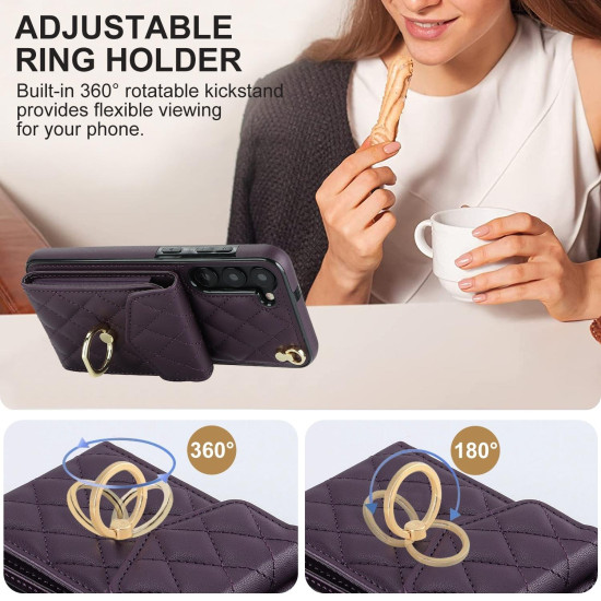 For Samsung Galaxy S24+ 5G Rhombic Texture Card Bag Phone Case with Long Lanyard(Dark Purple)
