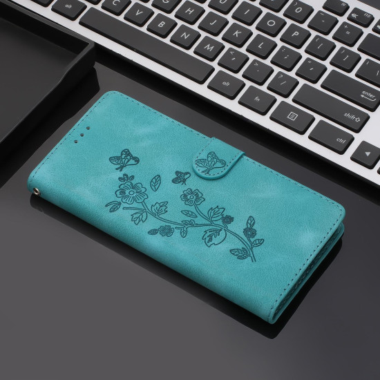 For Samsung Galaxy S24+ 5G Flower Butterfly Embossing Pattern Leather Phone Case(Sky Blue)