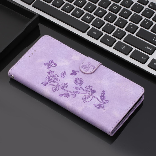 For Samsung Galaxy S24+ 5G Flower Butterfly Embossing Pattern Leather Phone Case(Purple)