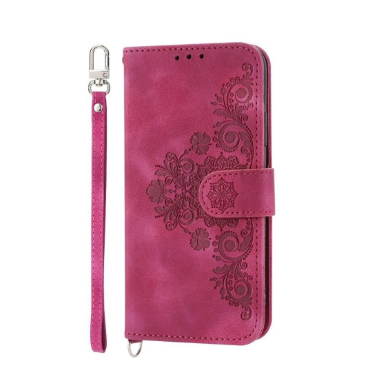 For Samsung Galaxy S24+ 5G Skin-feel Flowers Embossed Wallet Leather Phone Case(Wine Red)
