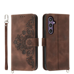 For Samsung Galaxy S24+ 5G Skin-feel Flowers Embossed Wallet Leather Phone Case(Brown)