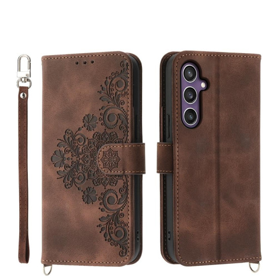 For Samsung Galaxy S24+ 5G Skin-feel Flowers Embossed Wallet Leather Phone Case(Brown)