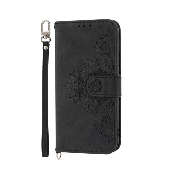 For Samsung Galaxy S24+ 5G Skin-feel Flowers Embossed Wallet Leather Phone Case(Black)