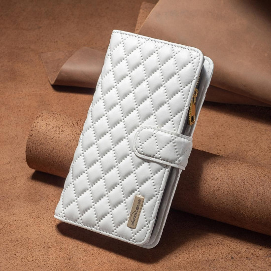 For Samsung Galaxy S24+ 5G Diamond Lattice Zipper Wallet Leather Flip Phone Case(White)