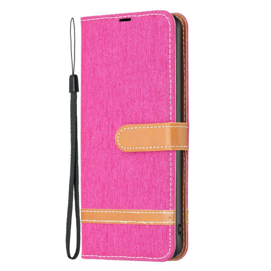 For Samsung Galaxy S24+ 5G Color Block Denim Texture Leather Phone Case(Rose Red)