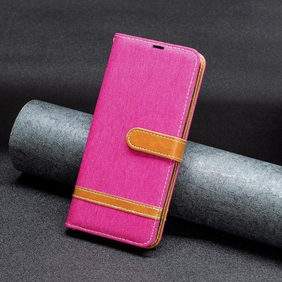 For Samsung Galaxy S24+ 5G Color Block Denim Texture Leather Phone Case(Rose Red)