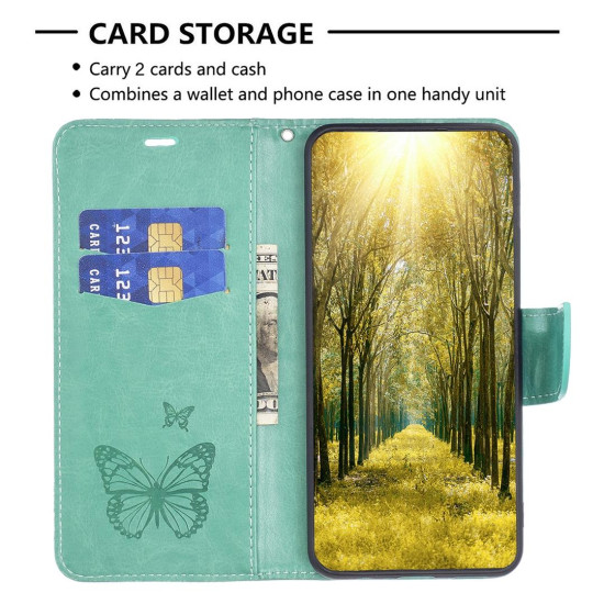 For Samsung Galaxy S24+ 5G Embossing Two Butterflies Pattern Leather Phone Case(Green)