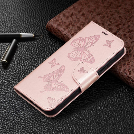 For Samsung Galaxy S24+ 5G Embossing Two Butterflies Pattern Leather Phone Case(Rose Gold)