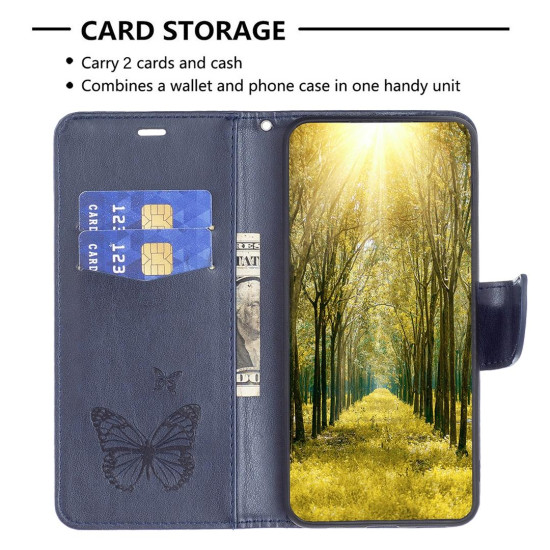 For Samsung Galaxy S24+ 5G Embossing Two Butterflies Pattern Leather Phone Case(Blue)