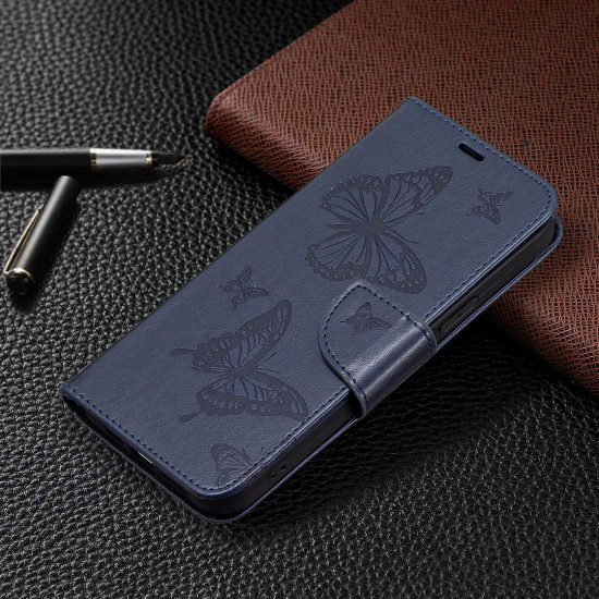 For Samsung Galaxy S24+ 5G Embossing Two Butterflies Pattern Leather Phone Case(Blue)