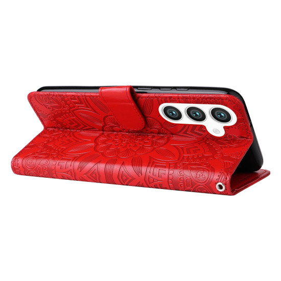 For Samsung Galaxy S24+ Embossed Sunflower Leather Phone Case(Red)