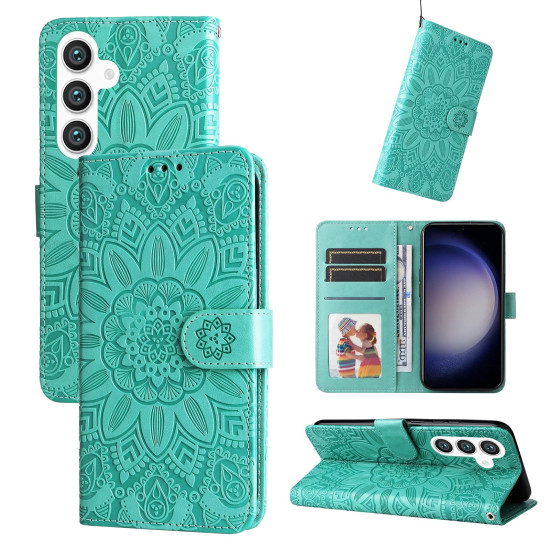For Samsung Galaxy S24+ Embossed Sunflower Leather Phone Case(Green)