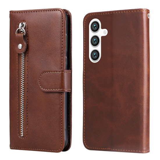 For Samsung Galaxy S24+ Fashion Calf Texture Zipper Leather Phone Case(Brown)