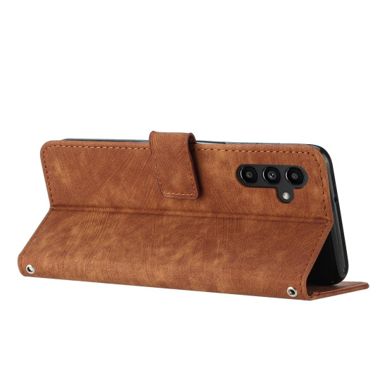 For Samsung Galaxy S24+ Skin Feel Stripe Pattern Leather Phone Case with Long Lanyard(Brown)