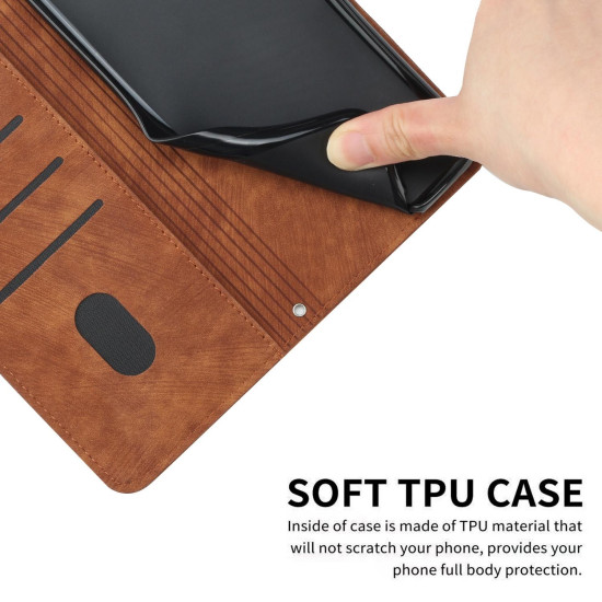 For Samsung Galaxy S24+ Skin Feel Stripe Pattern Leather Phone Case with Long Lanyard(Brown)