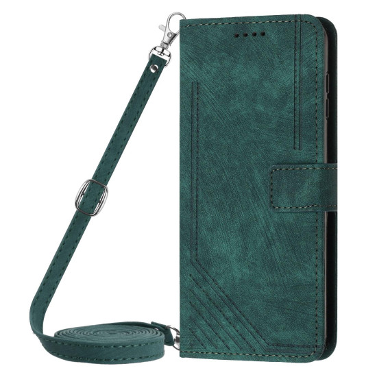 For Samsung Galaxy S24+ Skin Feel Stripe Pattern Leather Phone Case with Long Lanyard(Green)