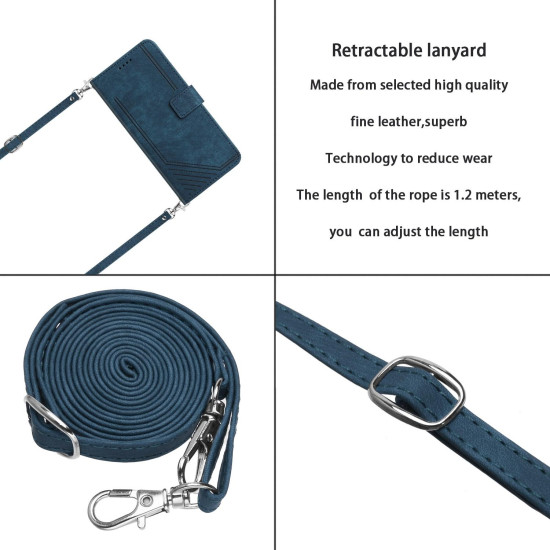 For Samsung Galaxy S24+ Skin Feel Stripe Pattern Leather Phone Case with Long Lanyard(Blue)