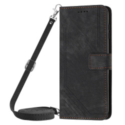 For Samsung Galaxy S24+ Skin Feel Stripe Pattern Leather Phone Case with Long Lanyard(Black)