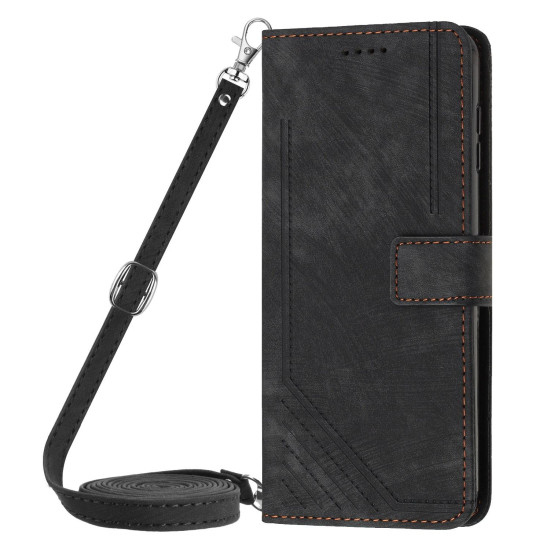 For Samsung Galaxy S24+ Skin Feel Stripe Pattern Leather Phone Case with Long Lanyard(Black)