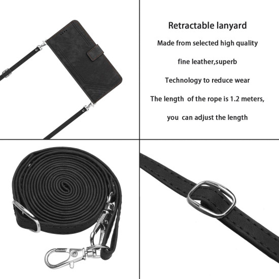 For Samsung Galaxy S24+ Skin Feel Stripe Pattern Leather Phone Case with Long Lanyard(Black)