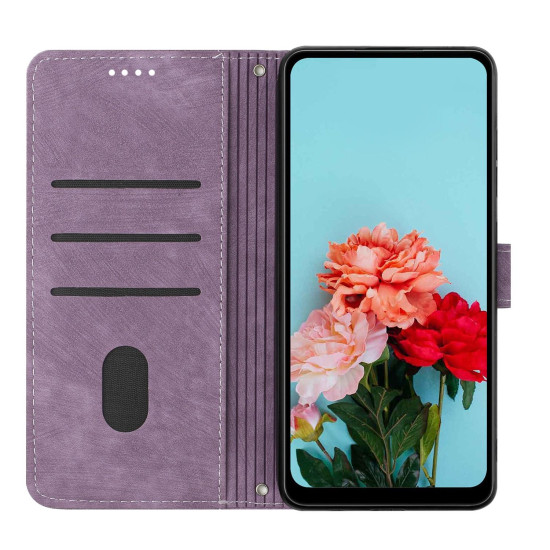 For Samsung Galaxy S24+ Skin Feel Stripe Pattern Leather Phone Case with Long Lanyard(Purple)