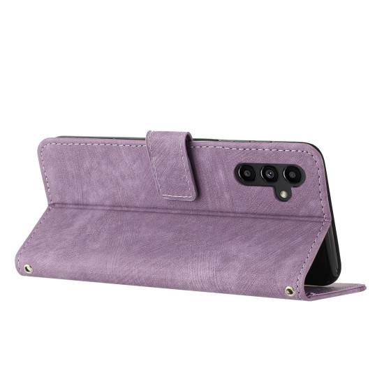 For Samsung Galaxy S24+ Skin Feel Stripe Pattern Leather Phone Case with Long Lanyard(Purple)