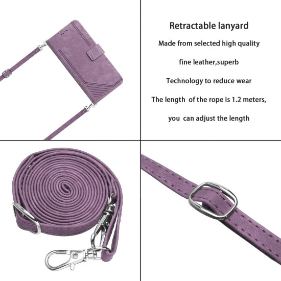 For Samsung Galaxy S24+ Skin Feel Stripe Pattern Leather Phone Case with Long Lanyard(Purple)